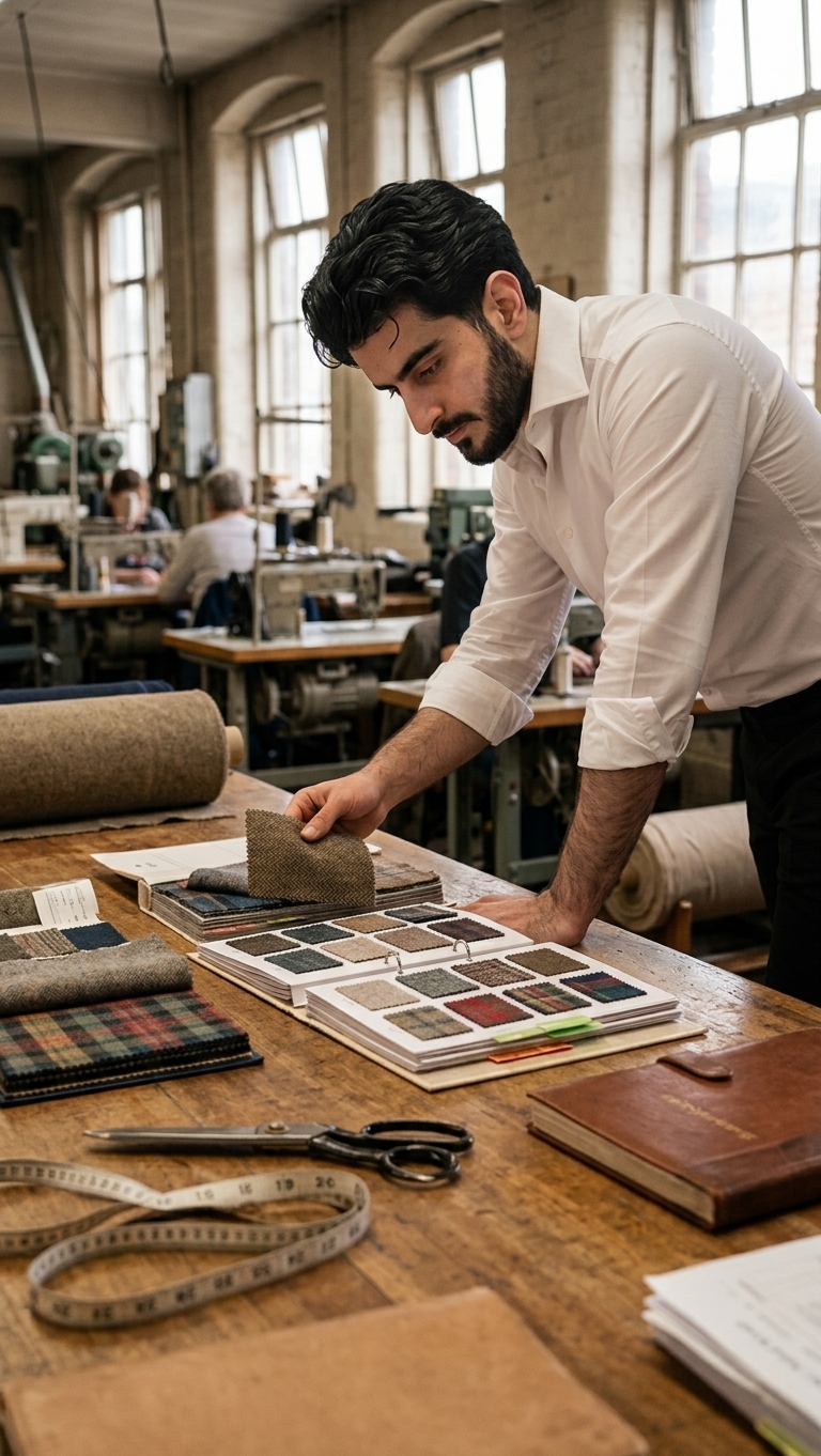 The founder of Capstone Hats reviewing fabric sample books on the factory floor