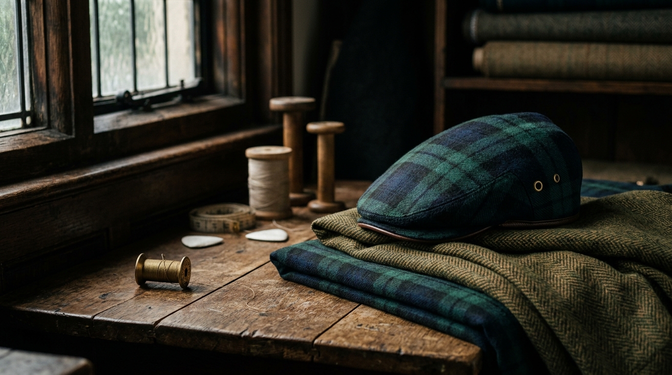 A Capstone tweed flat cap resting on folded tartan